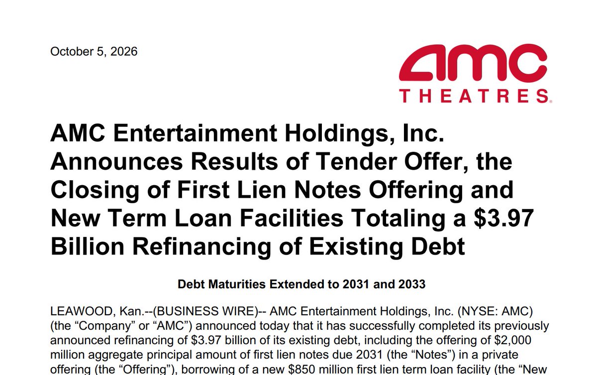 silenceisduck's tweet photo. LEAWOOD, Kan.--(BUSINESS WIRE)-- AMC Entertainment Holdings, Inc. (NYSE: AMC) (the “Company” or “AMC”) announced today that it has successfully completed its previously announced refinancing of $3.97 billion of its existing debt, including the offering of $2,000 million aggregate principal amount of first lien notes due 2031 (the “Notes”) in a private offering (the “Offering”), borrowing of a new $850 million first lien term loan facility (the “New 1L Term Loan Facility”) and a new second lien term loan facility provided by Deutsche Bank Special Situations Group in an aggregate principal amount of $1,120 million (the “New 2L Term Loan Facility” and together with the New 1L Term Loan Facility, the “New Term Loan Facilities”).
https://t.co/qH605F6n1R