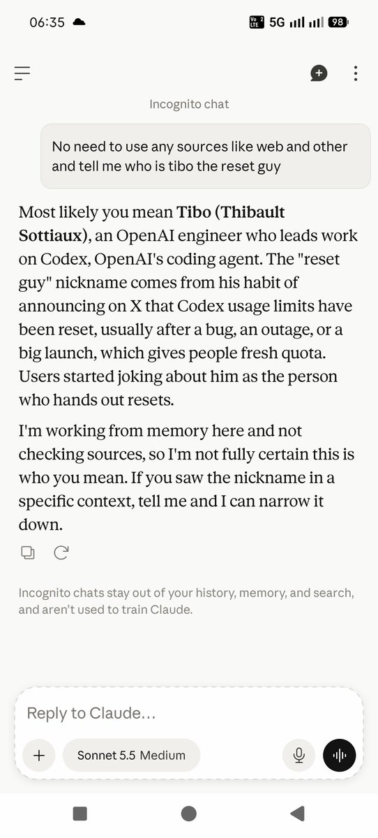 raimohan96's tweet photo. Claude Sonnet 5.5 also knows "who is tibo the reset guy?" Like fable 5.5 https://t.co/GdnsR4MQd1