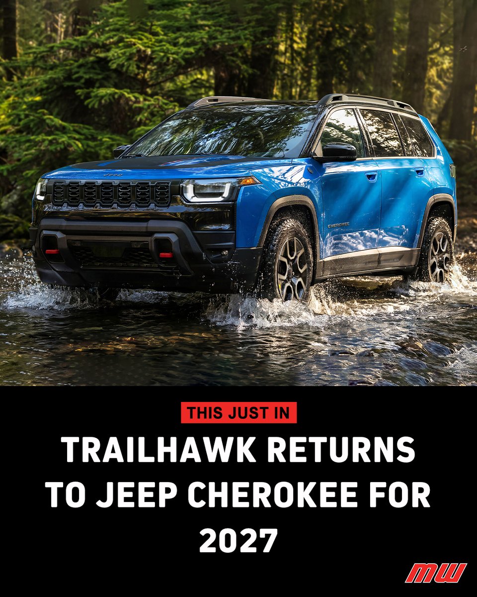 MotorWeek's tweet photo. With the return of the @Jeep Cherokee, it was only a matter of time before a beefed-up Trailhawk trim was going to arrive. For 2027, it does!

READ MORE: https://t.co/i3n3cSf54r https://t.co/9mMwYJYzr9