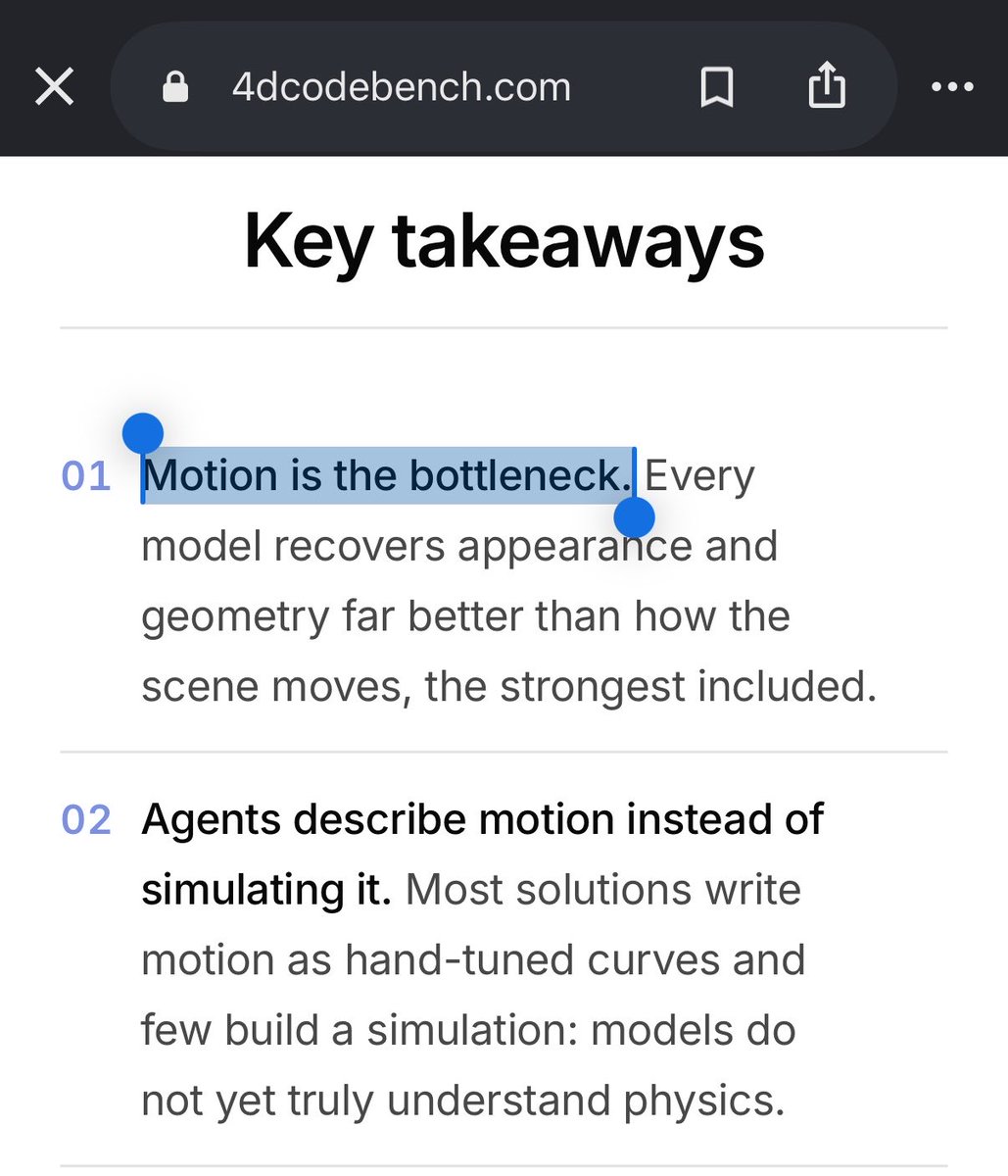 himanshustwts's tweet photo. pretty cool work.

last week we published our new work (animation bench) where we showed how frontier models perform poorly on motion reconstruction. seems like the thesis is just getting validated across niche domains.

https://t.co/ceSYxXhXQC https://t.co/Y4gEVF2ruB