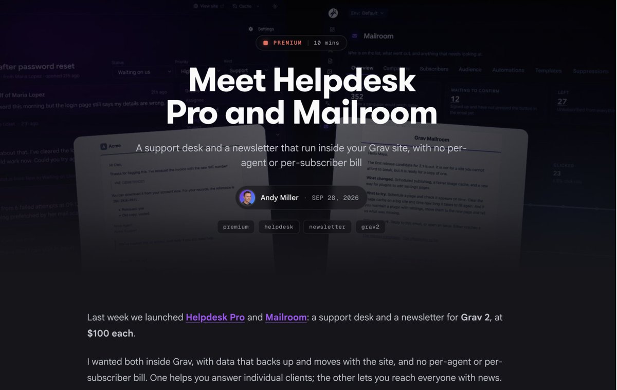 getgrav's tweet photo. Proud to announce the release of 2 new premium plugins for Grav CMS. Mailroom brings powerful newsletter creation and sending to the platform, and Helpdesk brings knowledge bases and powerful user ticket creation, pipelines, automation and management ⟶ https://t.co/Z5T4mAHcTk https://t.co/qwsLYv1Ax5