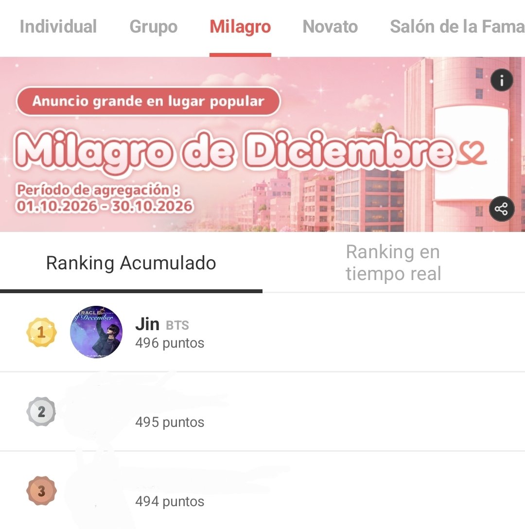 jinelsalvador's tweet photo. Milagro del Mes (Miracle of the Month)

📅 Periodo: 1–31 de octubre
⏰ Cierre: 23:30 KST
🏆 Premio: Cartelera gigante Jamsil Utopia + banner en la app + promoción en redes sociales
📱 App: Choeadol

📌 El ranking se define por los puntos obtenidos diariamente. ¡Hay que mantener a Jin lo más alto posible cada día!

❤️ Cómo conseguir corazones:

📺 Ver anuncios
📅 Asistencia diaria
👥 Enviar y recibir corazones de amigos

Jin está en 1.º lugar actualmente 

Vota aquí: https://t.co/ABLjQWCfjF