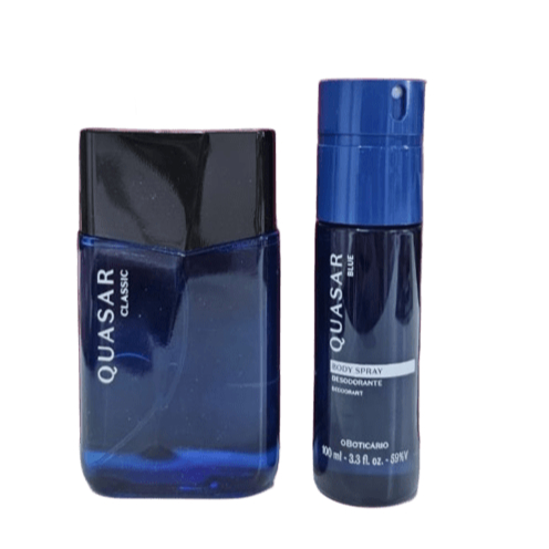 Two blue men's fragrance products from the brand QUASAR Paris: a Classic cologne bottle and a Body Spray Deodorante in a blue aerosol can.