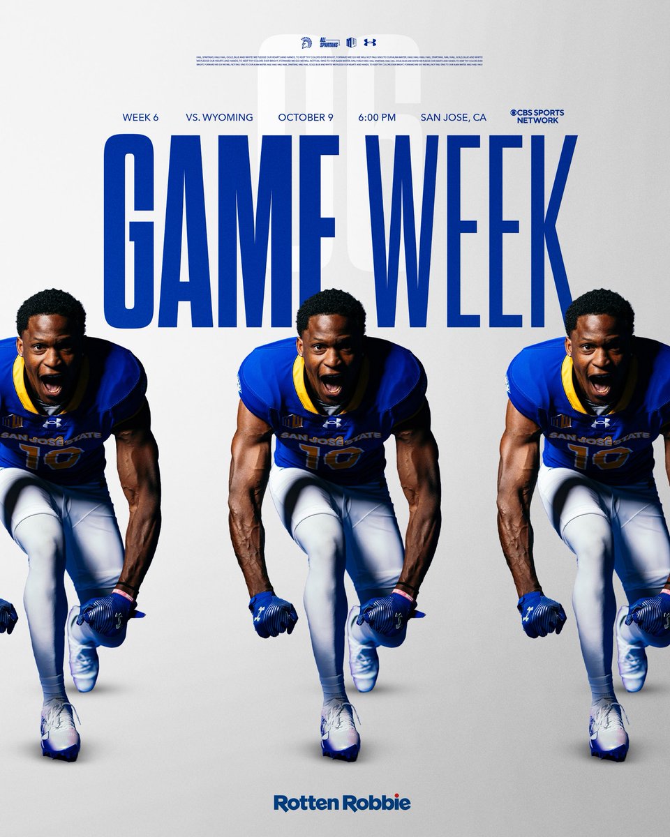 SanJoseStateFB's tweet photo. Back at Home 🏠

🆚 Wyoming 
🗓️ October 9
🕰️ 6:00 PM PT 
🏟️ CEFCU Stadium 
📍San Jose, California
📺 CBS Sports Network 
📲 Listen live on the Spartans app

#ThisIsSparta | #AllSpartans |@rottenrobbies https://t.co/HNpyt8VG18