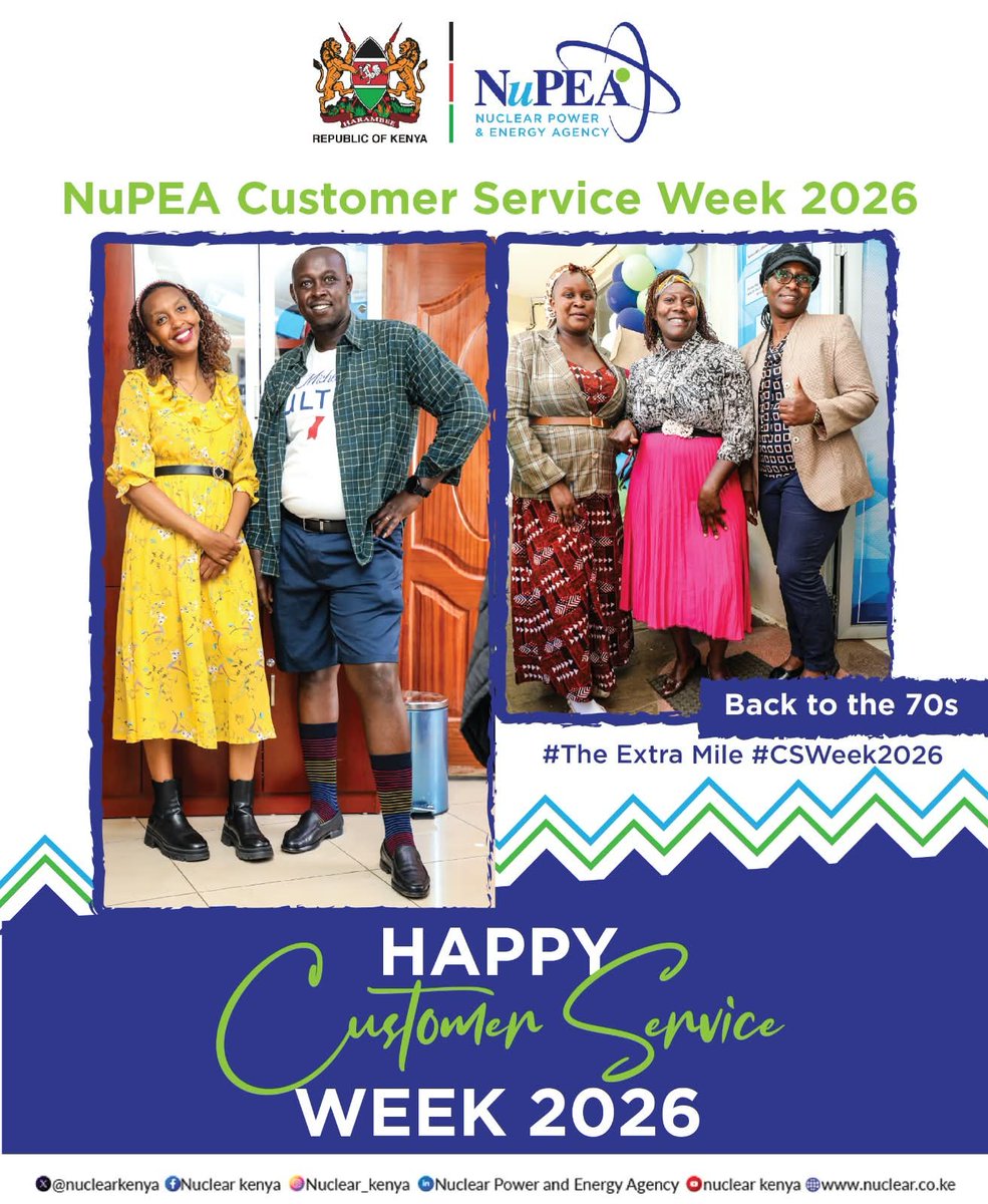 nuclearkenya's tweet photo. The 70s taught us that style is memorable, but substance lasts.
Our promise to every customer is professionalism, warmth and a willingness to go #theextramile
Four more days to go. Stay tuned!
#CustomerServiceWeek2026 #CSWeek2026 #TheExtraMile #BackToThe70s #Day1 #NuPEA #NuclearKenya #CleanEnergy #ServiceExcellence #CustomerFirst
@icx_kenya @IcxKenya @instituteofcs @CSIA_AU