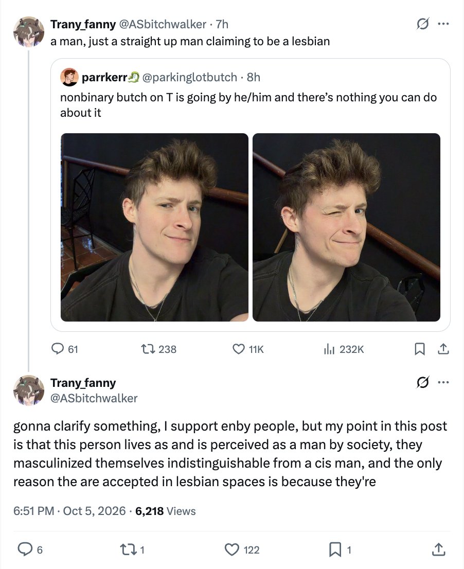 toby_is_typing's tweet photo. "I support enby people, but..."

No, you don't.

If your "support" for nonbinary ppl is predicated on them presenting within a narrowly confined range of "acceptable levels of fem &amp; masc," or else you will misgender and attack them for existing, you don't support JACK SHIT. https://t.co/gA6RLpR2vj