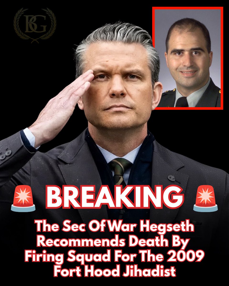 ACTBrigitte's tweet photo. After 17 years, Secretary of War Pete Hegseth just recommended to send the Fort Hood jihadist to a firing squad.

On November 5, 2009, Army Major Nidal Malik Hasan walked into a processing center at Fort Hood, shouted “Allahu Akbar,” and opened fire on unarmed troops. Thirteen dead. Thirty-two wounded. Convicted in 2013.

President Trump approved the execution. The Secretary of the Army sets the time and place.

Judgment day came. Justice.