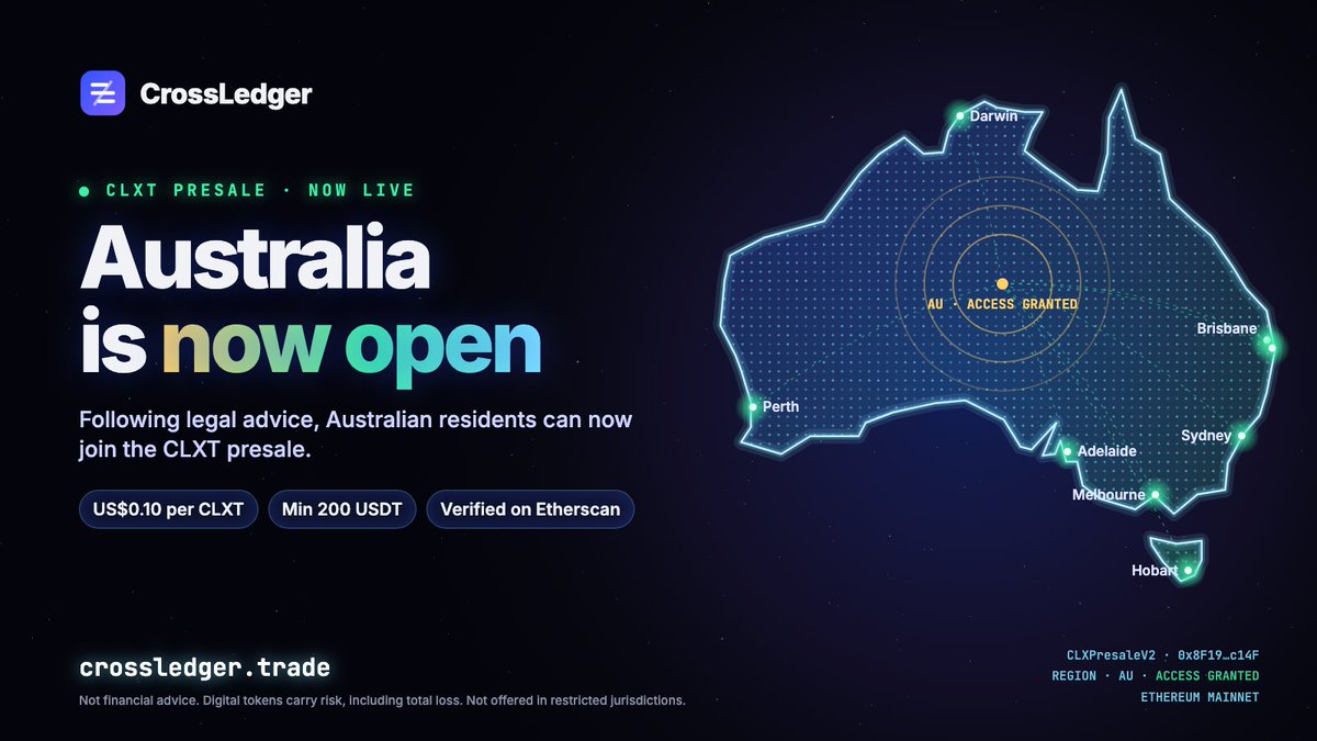 CrossLedgerCLX's tweet photo. Australia is now open 🇦🇺
Following legal advice, Australian residents can join the CLXT presale at https://t.co/2wRDoTMuZu
Verified contract: 0x8F190E1764bfE57ddd2Daff5F55a79C64760c14F
Min 200 USDT. Not financial advice. Crypto carries risk of total loss.
#CLXT #RWA #Australia https://t.co/ESz8lVutDC