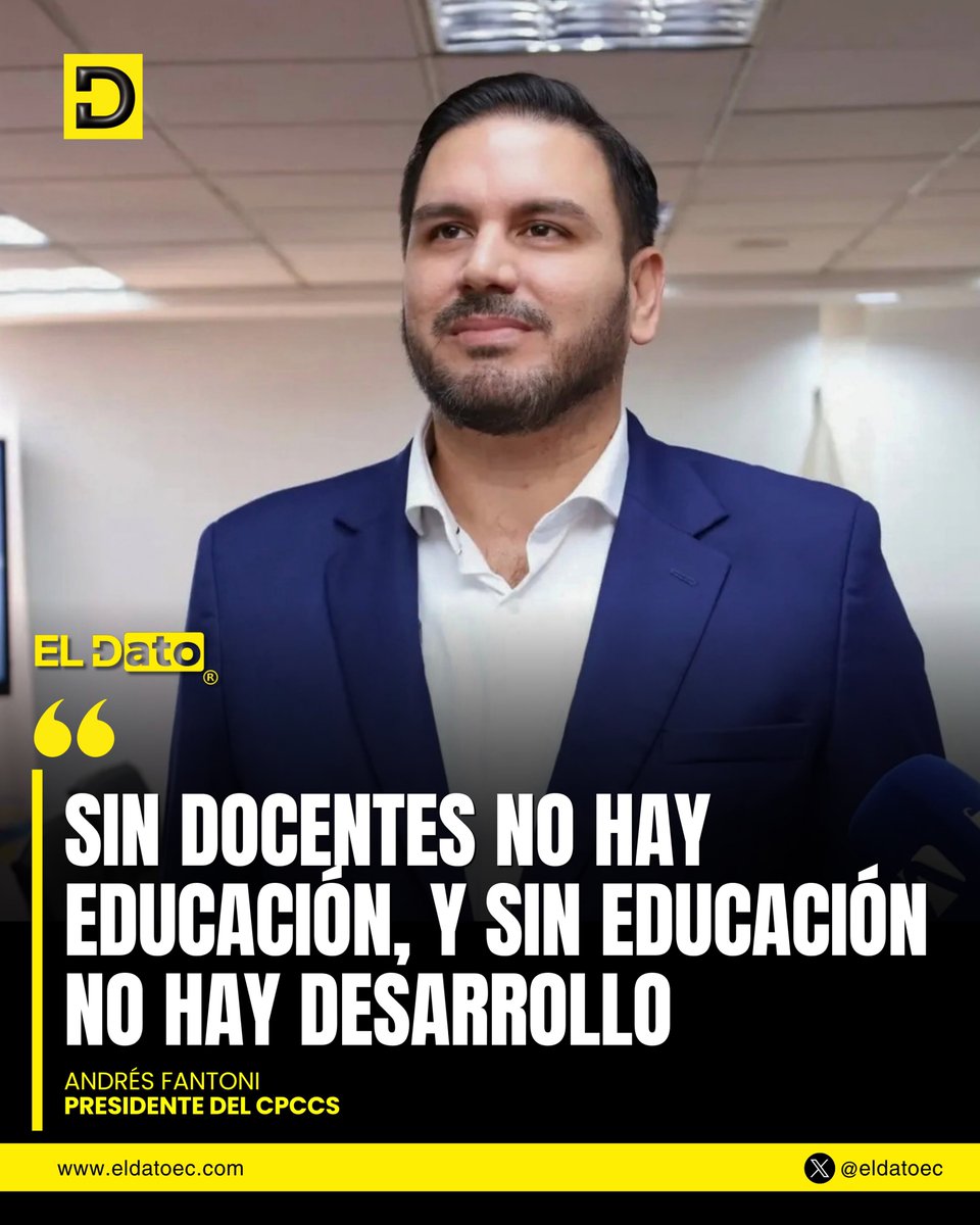 ElDatoNews's tweet photo. #Urgente “SIN DOCENTES NO HAY EDUCACIÓN, Y SIN EDUCACIÓN NO HAY DESARROLLO”

En el marco del Día Mundial del Docente, Andrés Fantoni, presidente del Consejo de Participación Ciudadana y Control Social (CPCCS), destacó el papel de los educadores en la formación de nuevas generaciones y el desarrollo de la sociedad.

“Sin docentes no hay educación, y sin educación no hay desarrollo”, señaló Fantoni, quien resaltó la dedicación, paciencia y vocación de quienes ejercen la enseñanza.

El titular del CPCCS extendió un saludo a los docentes y reconoció especialmente a quienes utilizan el arte y la creatividad como herramientas para fortalecer el aprendizaje e inspirar a sus estudiantes. @AndresFantoniB

#ElDato #DíaMundialDelDocente #Educación #Ecuador