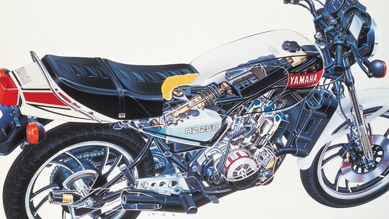 PutiMotor's tweet photo. '80 ヤマハ「RZ250」

70年代、国内250㏄クラスの人気は低迷し、2ストロークにも逆風が吹く中、79年の東京モーターショーに鮮烈デビュー。

ロードレーサーTZ250をベースにした2スト水冷パラツインに、量産ロードモデル初のモノサスを搭載。

リッター換算140psのハイパワーと俊敏なシャーシが生み出す速さは、強烈かつピーキーで、「事故率ナンバー1」「初心者には無理」と言われながら、ヒット街道を驀進。

RZ以降、各社から2スト250が投入され、250ブームが到来。バイク史を塗り替えた。

https://t.co/SNUaG9mTqR
