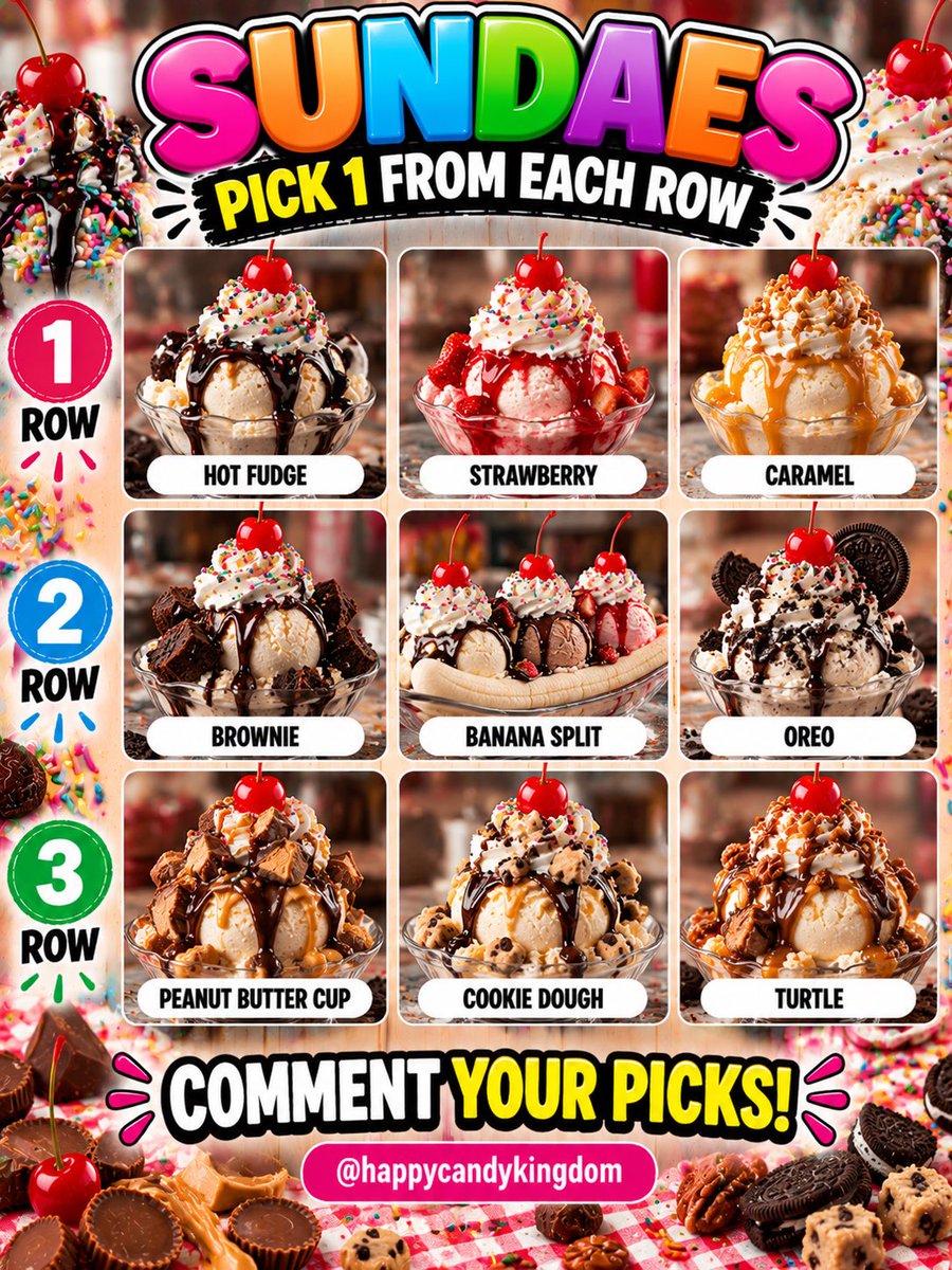 happycandyking's tweet photo. 🍨 Pick 1 from each row — Sundae edition!

Which three sundaes are making your perfect dessert lineup? 👀

Row 1: Hot Fudge, Strawberry, or Caramel
Row 2: Brownie, Banana Split, or Oreo
Row 3: Peanut Butter Cup, Cookie Dough, or Turtle

#IceCreamSundae #DessertLovers https://t.co/Dj0jUuPf1i