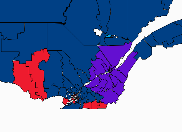 Tablesalt13's tweet photo. Look at the Conservative Party of Quebec‼️

They are purple

DOMINATING all of Quebec City.  Duhaime is sitting close to 70% of the vote in his riding. 

They have NEVER elected a single member before. 

Leading and elected in TWENTY ridings. over 21% of the vote. https://t.co/iYLFfwA7We