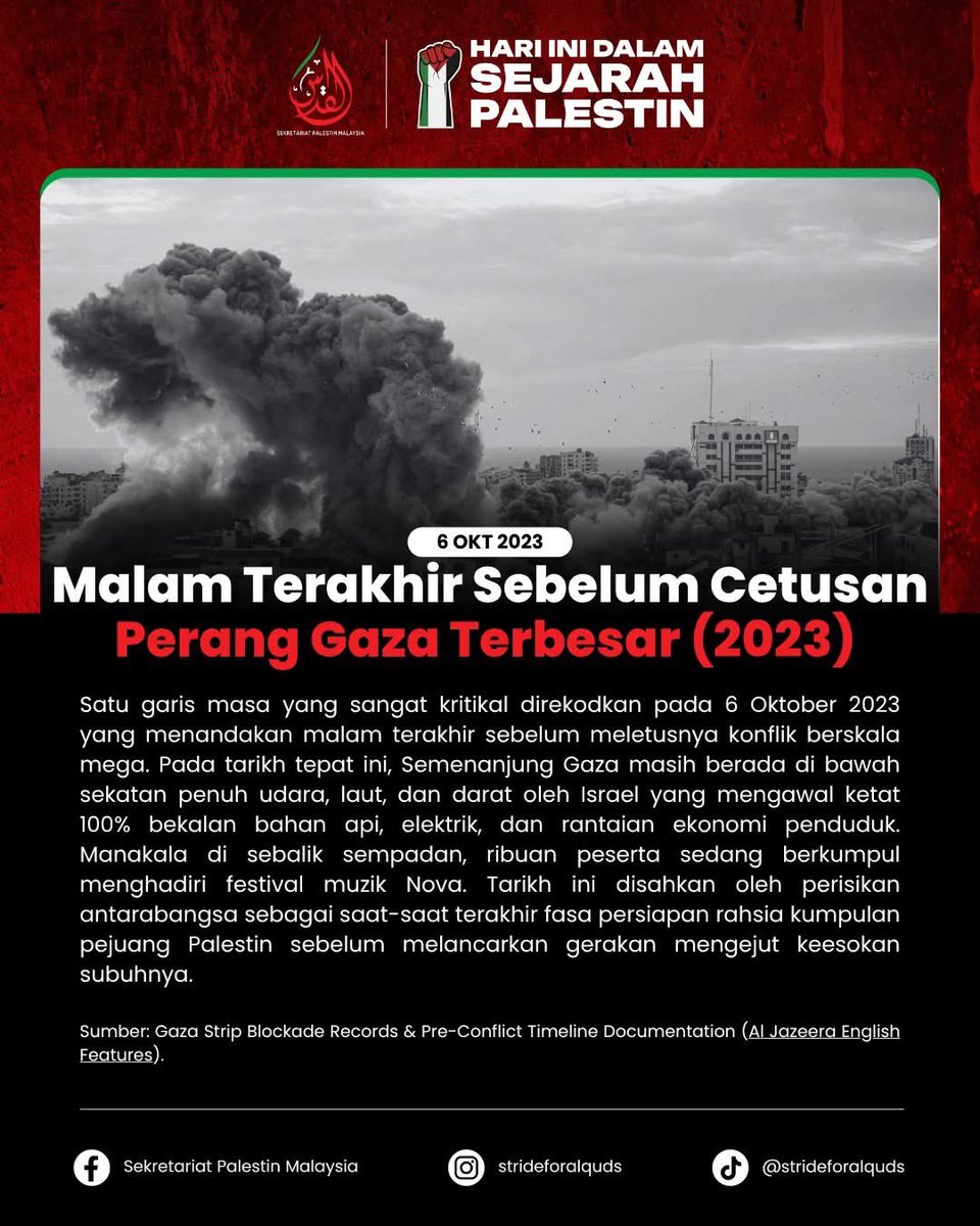 Stride4Alquds's tweet photo. 📅 6 OKT – HARI INI DALAM SEJARAH PALESTIN

🪖 6 Okt 1973 — Cetusan Perang Oktober (Yom Kippur)

🚨 6 Okt 2023 — Malam Terakhir Sebelum Cetusan Perang Gaza Terbesar 

⏳ 6 Okt 2025 — Proses Rundingan Pelan Damai Trump di Tel Aviv https://t.co/SOEhWkZ5Ej