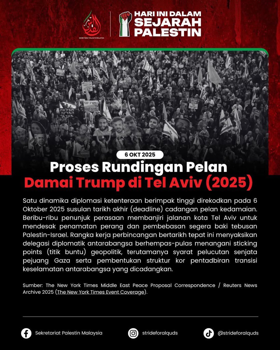 Stride4Alquds's tweet photo. 📅 6 OKT – HARI INI DALAM SEJARAH PALESTIN

🪖 6 Okt 1973 — Cetusan Perang Oktober (Yom Kippur)

🚨 6 Okt 2023 — Malam Terakhir Sebelum Cetusan Perang Gaza Terbesar 

⏳ 6 Okt 2025 — Proses Rundingan Pelan Damai Trump di Tel Aviv https://t.co/SOEhWkZ5Ej