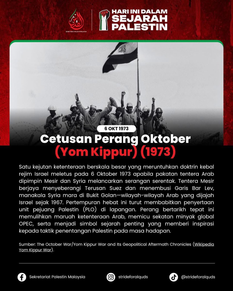 Stride4Alquds's tweet photo. 📅 6 OKT – HARI INI DALAM SEJARAH PALESTIN

🪖 6 Okt 1973 — Cetusan Perang Oktober (Yom Kippur)

🚨 6 Okt 2023 — Malam Terakhir Sebelum Cetusan Perang Gaza Terbesar 

⏳ 6 Okt 2025 — Proses Rundingan Pelan Damai Trump di Tel Aviv https://t.co/SOEhWkZ5Ej
