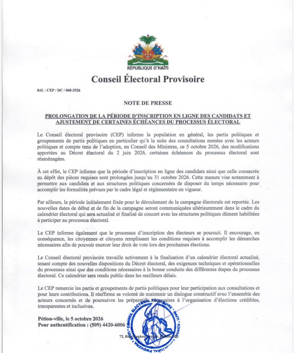 BasenVerite's tweet photo. Le Conseil Électoral Provisoire (#CEP) a annoncé ce lundi 5 octobre 2026 le #prolongement de plusieurs échéances #électorales. Les #candidats et les #structures #politiques disposent jusqu’au 31 octobre pour s’inscrire en #ligne et déposer les pièces #requises. Le #CEP reporte la période de #campagne #électorale, dont les nouvelles dates seront fixées dans un #calendrier actualisé. À souligner que l'#inscription des #électeurs se poursuit.
#Basen_Verite