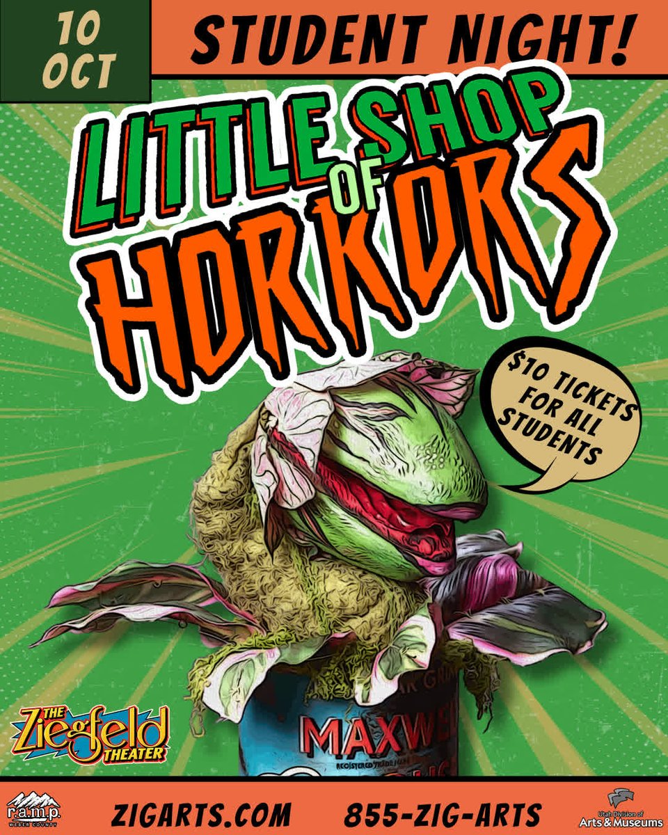ZiegfeldTheater's tweet photo. STUDENT NIGHT IS THIS SATURDAY!
If you have a valid Student ID, you get to join us on Skid Row for just $10! (be sure ... https://t.co/sngmjghYCd
#zigarts #ziegfeldtheater #ogdentheater #utahtheater #littleshopofhorrors #littleshop #studentnight #studentdiscount #openingweekend https://t.co/A2NXqKyg0g