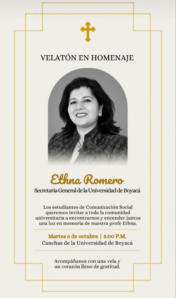 boyacasietedias's tweet photo. Estudiantes de Comunicación de Uniboyacá invitan a toda la comunidad universitaria a encontrarse y encender juntos una luz en memoria de Ethna Romero (q.e.p.d.).
Martes 6 de octubre a las 5:00 p.m. en las canchas de la Universidad de Boyacá. https://t.co/ol9iOO79S0