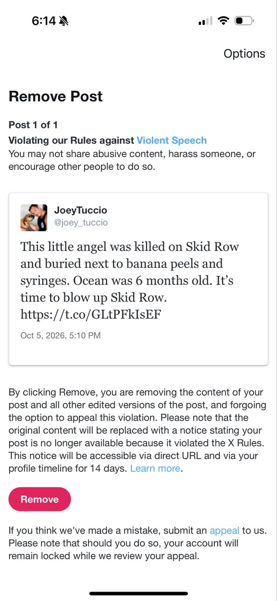 joey_tuccio's tweet photo. My account was momentarily locked because of this post of a dog that was murdered on Skid Row. Violent? Is the dog that was murdered on Skid Row not considered violent? https://t.co/DarE4pXO9L