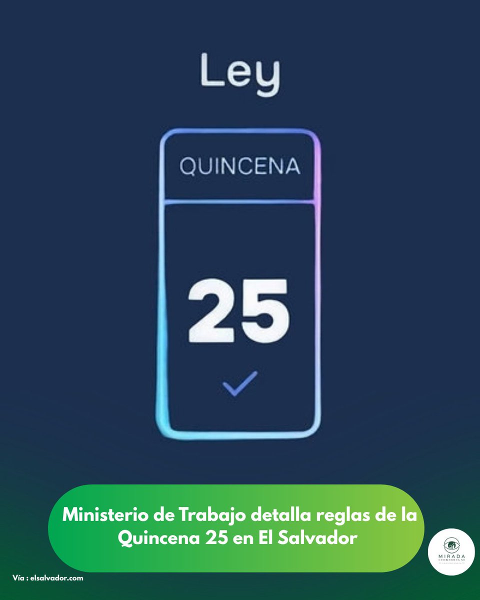 MiradaEconomisv's tweet photo. Según reportó https://t.co/srwFZRMl5L, la Quincena 25 será obligatoria en el sector privado desde enero 2027. Equivale al 50% del salario básico (hasta $1,500), se pagará libre de ISSS, AFP y Renta, y no podrá ser embargada ni sustituir al aguinaldo. https://t.co/iuFHReXc7A