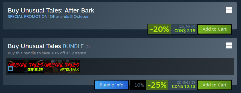 itsJall's tweet photo. BOTH UNUSUAL TALES ARE ON SALE! ✨
If you want to play some silly fun horror games with beautiful voice acting done by members of this amazing community, its your chance! 💚

#IndieHorror #HorrorGame https://t.co/bxcAN0Gcrw