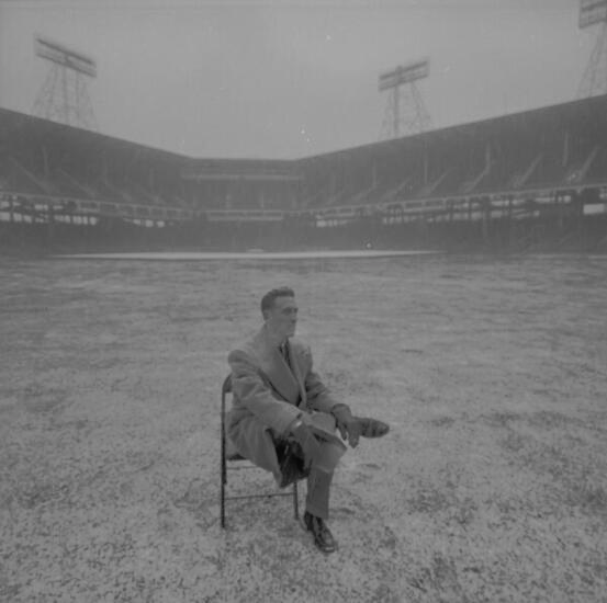 Jimfrombaseball's tweet photo. "On a typical night at Dodger Stadium, Vin Scully sits in the booth that's named after him, perched on the chair he calls home for  approximately 81 games a season.
He has two media guides, home and away.
Both are stuffed with index cards on which Scully has written notes on the stories he's researched, stories of greater depth, insight, and humor than the ones that come pre-printed in the team-authored  books.
His scorebook sits front and center in a custom-leather binder.
He has another book off to the side containing key stats and more index  cards, all of which are also prepared by Scully himself.
There's a yellow highlighter, a red pen for pitching changes, and a blue pen just in case his notes need correction.
He keeps a handful of Jolly Rancher candies in his pocket, just in case his throat gets dry during  the broadcast.
It's a trick he learned years ago so he could avoid drinking water while working;
Every broadcaster fears missing a pitch  because he had to run to the restroom.
It says something about a  baseball commentator that his choice of pens, lozenges, and other accessories has been deemed worthy of documentation.
Many of the tools of Scully's trade are easily visible whenever the camera  cuts to the booth, but they fail to distract from Scully himself.
Always impeccably dressed, he can be simultaneously dapper and dated, with lapels of powder blue, ties the color of 1970's kitchen appliances, and such debonair though archaic touches as complementary pocket squares.
"All I know is I'm eternally grateful for having been allowed to work so many games."
Vin Scully.
The Polo Grounds.