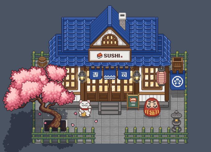 A pixel art illustration depicts a traditional Japanese sushi restaurant with a blue tiled roof, a 'SUSHI' sign, blue noren curtains with '寿司' text, a pink cherry blossom tree, a white cat figurine, and a red daruma doll.