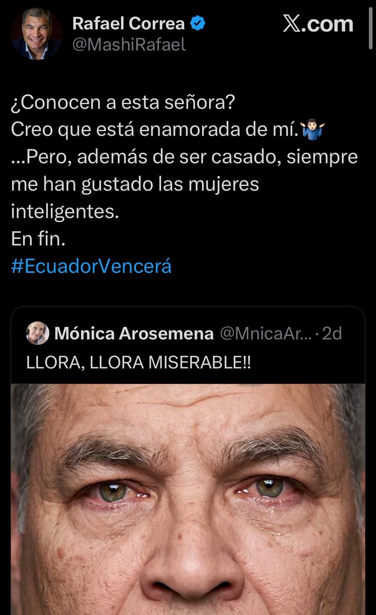 Lalizen_Ziada's tweet photo. Aquí una muestra de lo inestable mental que es él PRÓFUGO de la justicia Rafael Correa, en la primera foto arremete contra un diputado europeo por un post, preguntando por alguien, pero él mismo expone a una reconocida usuaria de X a que la busquen y de paso se da de inteligente humillándola 
Esa es la clase de hombre que siguen los borregos, enfermos, depredadores y corruptos 
@MashiRafael 
@RC5Oficial 
@UNIONEUROPEA