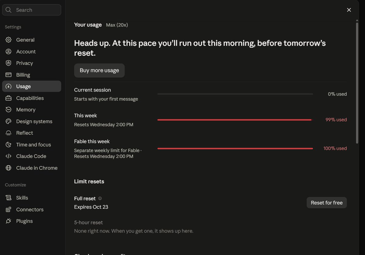 realKevinPuray's tweet photo. Day 5. It took me five days to burn through my Claude 20x Max plan using Fable 5.1 and Opux 5.5 Max for the week.

For the amount of coding I do, that’s impressive. By comparison, I burn through my GPT 6 Astra allowance in about a day and a half. Rotating between Claude and Codex lets me make full use of both subscriptions while keeping my work moving.

For anyone coding intensively, here’s the setup I’d choose based on my usage:

1. Start with Codex Pro at 20x while that allowance is available. For me, the $500 plan at 25x doesn’t justify the extra cost. Once the 20x offer ends, I’d scale down to the $100 plan at 5x.

2. Use Claude Max at 20x. If one subscription still isn’t enough, I’d consider adding another.

3. Use Dots instead of Grok Bot. I’ll be open-sourcing Sky soon. Sky is my AI clicker and approval assistant, running locally on my workstation and controlled through Dots. I built him to handle a gap in my workflow: Claude Code requests approvals through the terminal, but my Codex and Claude Code setup prevents those agents from approving the prompts themselves. Sky handles those interactions under your explicit instructions. Together, Dots, Sky, Codex, and Claude Code form my workstation workflow—with me deciding what gets approved.

4. I’m retiring my Grok bots and Cursor, but keeping my SuperGrok subscription. The reason being is that SuperGrok > Copilot in every way when easily cruncing numbers on excel. Just use the Grok add-in

5. AI Brain is still relevant, Looping is still important - just connect your Claude to it. I recommend adding Forgejo in your workstation over github.

The priority is getting enough capacity to sustain intensive coding, with each tool earning its place in the workflow. With that said, OpenAI really cooked with Dots. It's the first time I have stopped using Grokbot entirely however Dots in itself is not enough without Sky. That's it for the promised update.