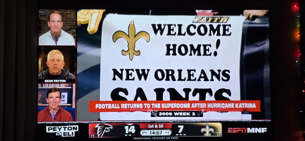 bampac29's tweet photo. Very fitting to have coach on tonight as he said, he can't believe it's been 20 years of #Domecoming I Can Only Imagine how they all felt that night. #Saints #Falcons #ATLvsNO #MNF #MNFxESPN #PeytonandEli #ManningCast https://t.co/YAvWahRNVN
