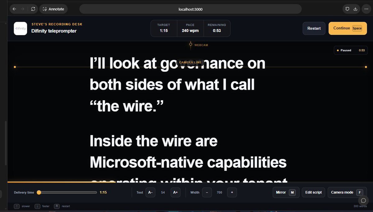 SteveFox231809's tweet photo. @kurtbuhler Yeah- crazy that this is the norm now. I needed a teleprompter for a conference promo. "Claude create a teleprompter" - one shotted it . Camera lines, delivery speed, target duration, script editing - all included without asking 🙃 https://t.co/CrFSb3eNSD