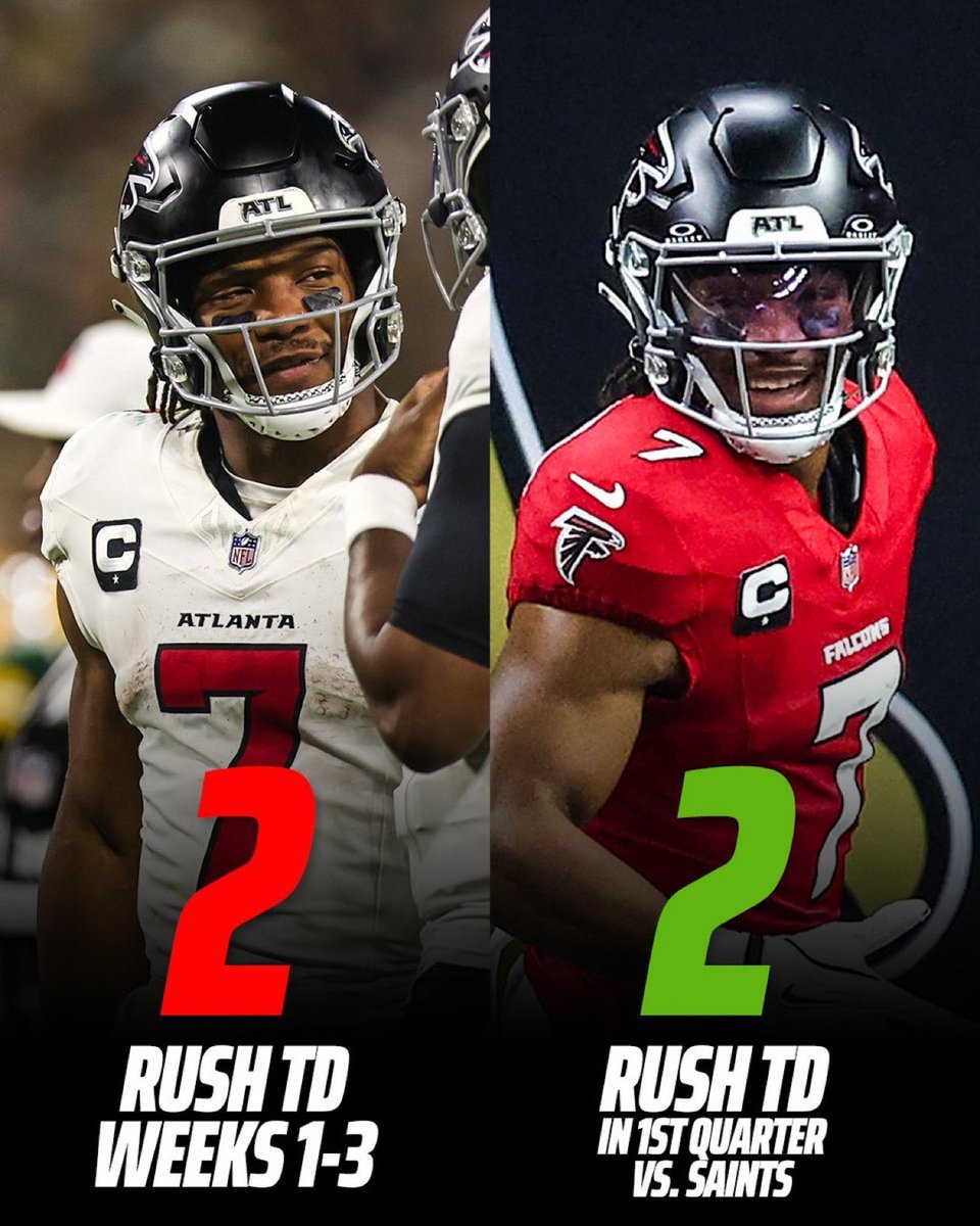 OOSSports's tweet photo. BIJAN ROBINSON MATCHED HIS RUSHING TD TOTAL FROM WEEKS 1-3… IN JUST ONE QUARTER. 🤯🔥

What a start for Atlanta’s superstar RB. 😤

#NFL #DirtyBirds https://t.co/1rU05xQrrt