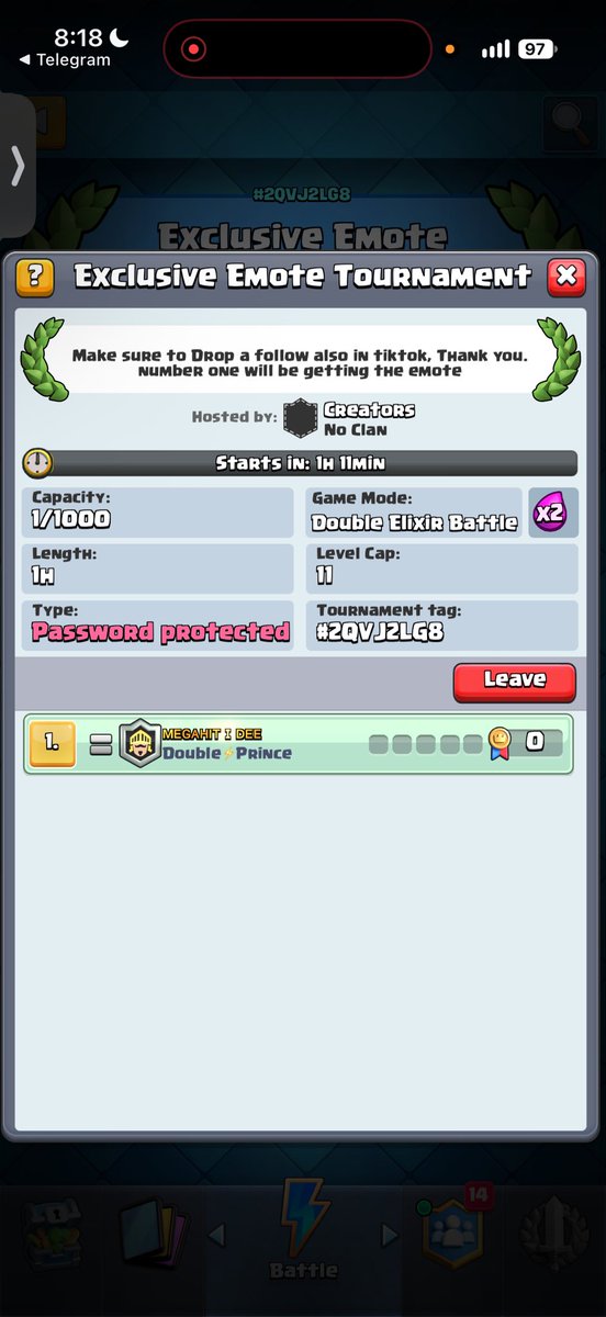 MegaHitIDEE's tweet photo. Exclusive emote for free, join the tournament and finish number one to earn it. Thank you https://t.co/xRGShLMYk6