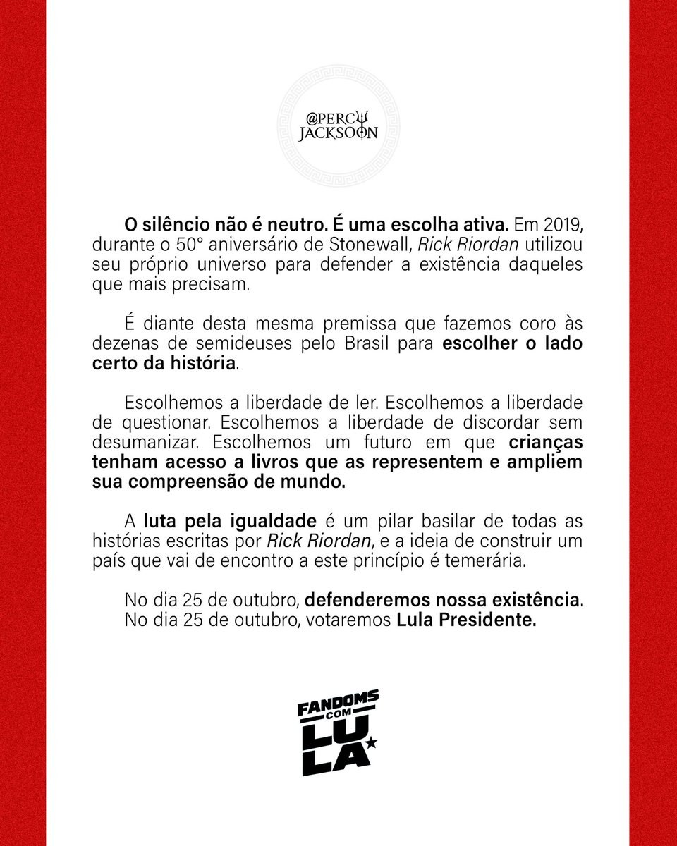 PercyJacksoon's tweet photo. No próximo turno das eleições, os semideuses estarão do lado certo da história.

Votaremos Lula Presidente. ⭐️

#FandomsComLula https://t.co/UWwnpQbjJJ