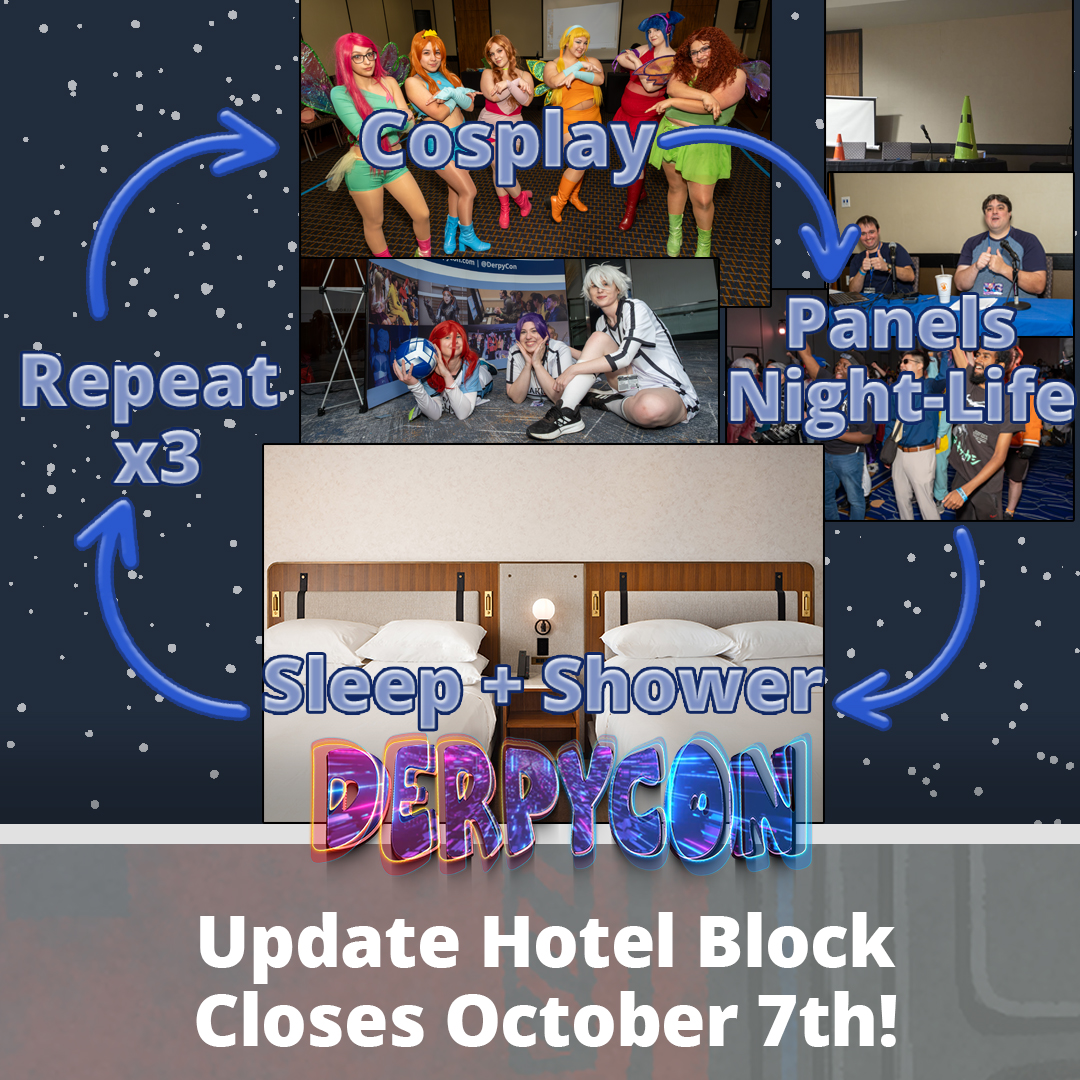 DerpyCon's tweet photo. Update: our room block closes October 7th! Book and get one Complimentary Membership (Weekend Badge)

Stay at the con late for our late night content from our panelists and guests this year!
Stay at the Hyatt Regency in New Brunswick:
Book Here: https://t.co/cR5cGd187I https://t.co/wC2HNmxuOB