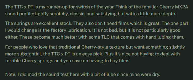 TTCswitch's tweet photo. ❤ Thanks for alexotos' approval. 
🚀The PT Black features further optimization in structural tolerance control, resulting in higher overall smoothness and more stable consistency.The switch achieves a tight, solid feel without applying a film.#ttc #ptblackswitch #keyboardswitch 
https://t.co/8LQ6aDIZ8K via @YouTube 
🛒：https://t.co/jscuA8ZsJC