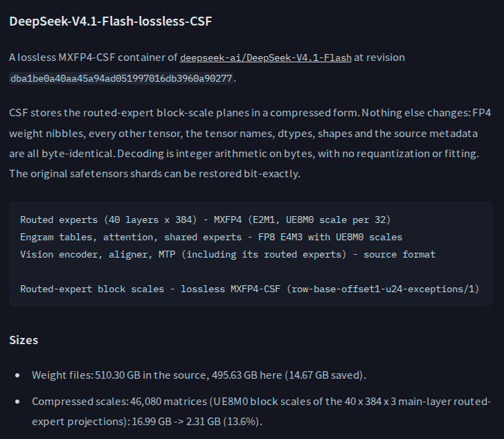 Mayhem4Markets's tweet photo. Really impressed with @YourLocalAILab's lossless context compression (CSF).

I just gained about 30% more tokens in my KV cache on DeepSeek V4.1 Flash.

The only thing I had to do was download the new weights and update my docker.

I love these guys. Such great work. 

https://t.co/QtHTuAT5hp