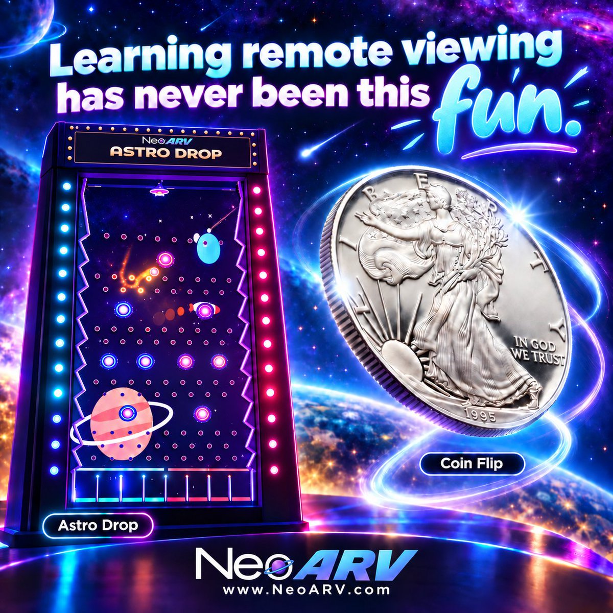 NeoARV's tweet photo. Learning remote viewing has never been this fun. Try Coin Flip and Astro Drop at NeoARV.