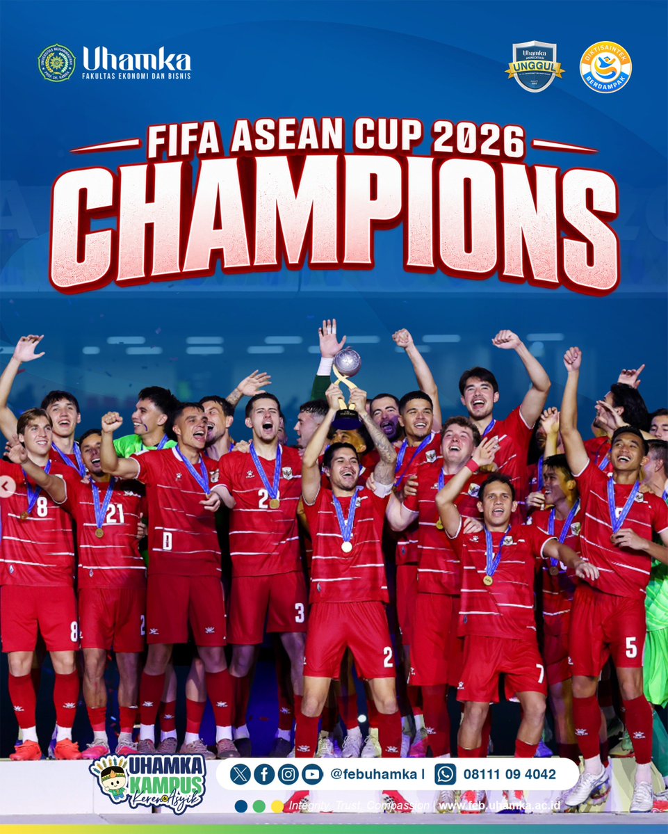 febuhamka's tweet photo. 🇮🇩🏆INDONESIA, JUARA ASEAN! 🏆🇮🇩

Perjuangan, kerja keras, semangat, dan pantang menyerah akhirnya terbayar! 🔥

🇮🇩 Indonesia Champions FIFA ASEAN Cup 2026!
Mari terus kobarkan semangat juang dan percaya bahwa prestasi lahir dari kerja keras, disiplin, dan persatuan. 💪❤️ https://t.co/3EZsYD2MYN