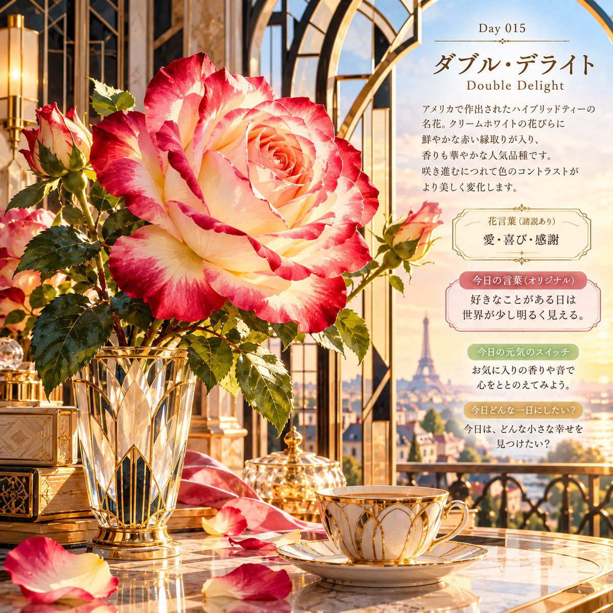tsumugiaidays's tweet photo. 🌹今日の薔薇｜Day 015
ダブル・デライト（Double Delight）

クリーム色に鮮やかな赤が重なる、華やかな薔薇。
今日はアールデコの世界で描いてみました✨

「好きなことがある日は、世界が少し明るく見える。」

今日は、どんな小さな幸せを見つけたい？🌹

#今日の薔薇 #薔薇 #AIアート #AI画像 https://t.co/3Jm4MZeYHv