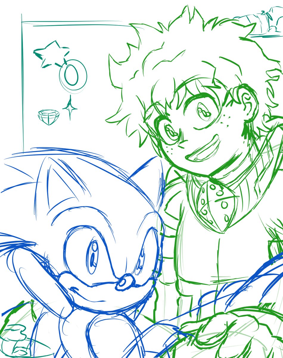 SailorSonicX's tweet photo. Sketch vs. render

I did not like how Sonic's face looked in the initial sketch later on before I redrew it, lol.  I didn't realize how Deku improved in the lineart!

I had played around with various things for the BG...but I was afraid of it getting cluttered and kept it simple. https://t.co/DEVf5YJfV6