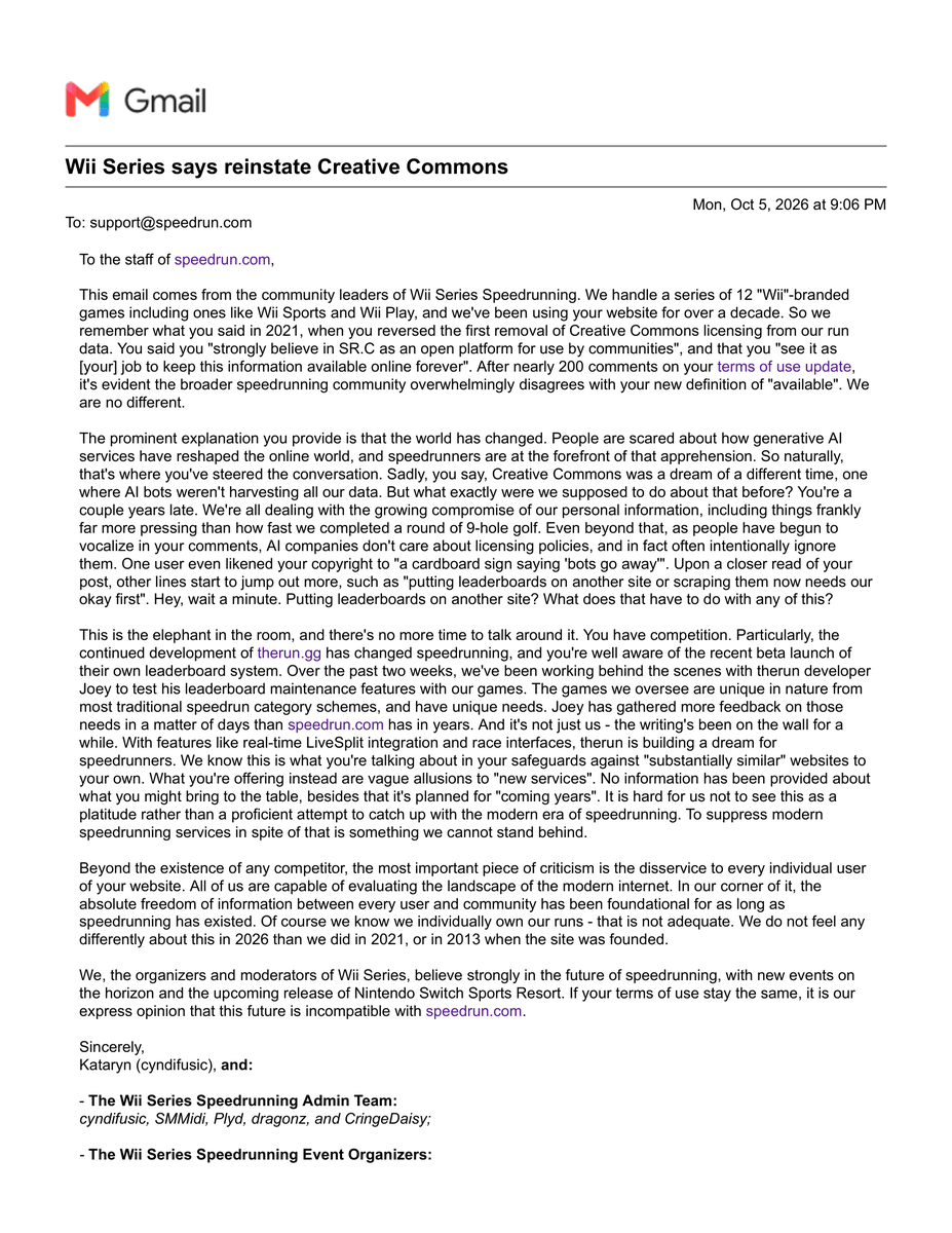 cyndifusic's tweet photo. Wii Series Speedrunning's open letter to https://t.co/P0oQNW5jDk, which we sent them today https://t.co/kwTZUQAa6A