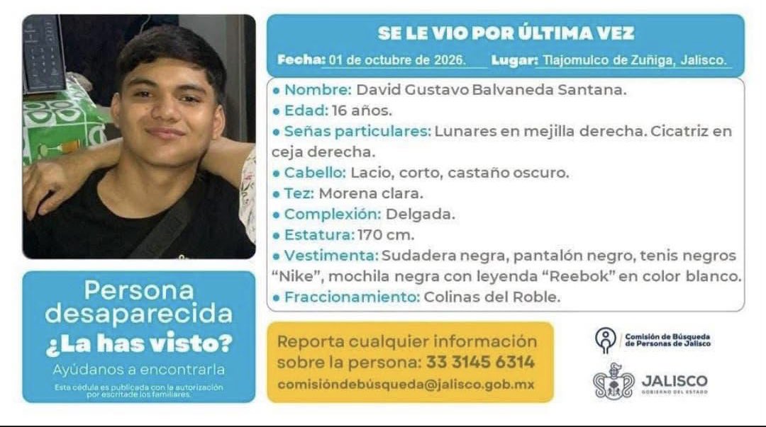 JaliscoRojo's tweet photo. Ayuda a localizar a David Gustavo Balvaneda Santana de 16 años de edad reportado como desaparecido el 1 de Octubre en Tlajomulco https://t.co/M1u0UyPTEF