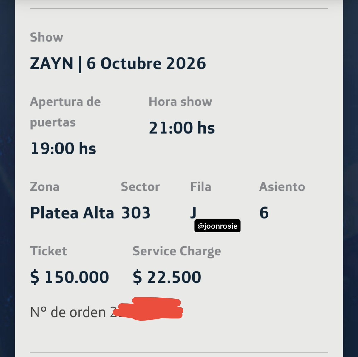 joonrosie's tweet photo. VENDO ENTRADA PARA ZAYN EN EL MOVISTAR ARENA EL 06/10. Es platea alta 303, fila j, asiento 6. La dejo a 90k!! https://t.co/842KnC5UVZ
