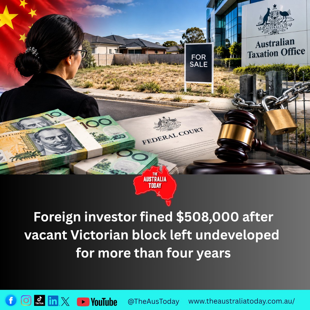 TheAusToday's tweet photo. 🏠 $508,000 PENALTY OVER VACANT VICTORIAN LAND
A foreign investor has been ordered to pay $508,000 after failing to build a home on a vacant residential block in Berwick within the timeframe required under Australia’s foreign investment rules.

Read the full story here 🔗👇
https://t.co/VIF5EuoF2b

The ATO says its compliance program has already led to 217 breaches being remedied, including the forced disposal of 111 residential properties.

Authorities have warned that further breaches could result in forced sales.

#TheAustraliaToday #Victoria #Berwick #Property #ForeignInvestment #ATO #HousingCrisis #LandBanking #AustralianProperty #MelbourneProperty @AlboMP @DrAmitSarwal @Pallavi_Aus @JitarthJai