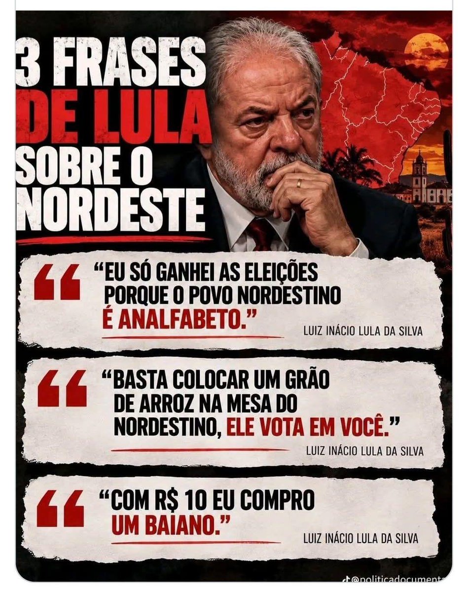 EliomarLimeira's tweet photo. Irmãos do Nordeste, sou filho de paraibano, meu falecido pai destestava o Lula, para ele sempre teve cara de jagunço. 
Pensem bem na hora de votar.
O Brasil precisa voltar a crescer.
VOTE 22, vote Flavio, vejam abaixo oque este ser trevoso pensa do povo nordestino. https://t.co/KNRnPRVHT2