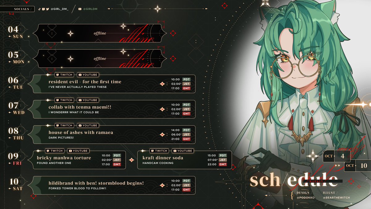 Girl_Dm_'s tweet photo. WHOA busy week! (Check stream times, nontypical week!)

First time Resident Evil! Collab with Maemi! Collab with Ramaea! Terrorising Bricky with more manhwa! Kraft Dinner Soda stream!!

And starting Stormblood Hildibrand with @BenbeStreaming  (FT Blood after!)

🎨bearthewitch https://t.co/GA732Us7eu