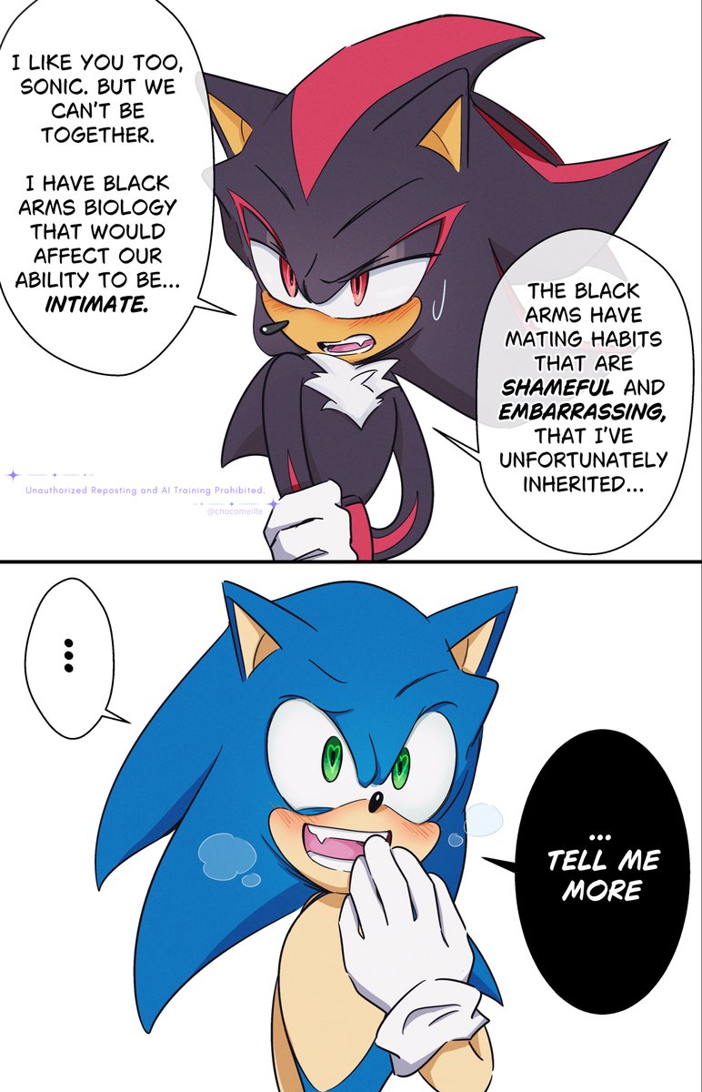 chocomeille's tweet photo. Sonadow 💙🖤
Shadow: Oh no, Sonic won’t want to be with me because of this…😣
Sonic “the Freak” Hedgehog: https://t.co/IStUmKSvLk