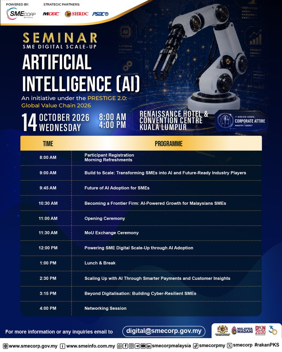 smecorp's tweet photo. Join SME Corp. Malaysia and our partners, MDEC, SHRDC and PSDC, at the Digital Scale Up &amp; AI Seminar in Kuala Lumpur!

👉 Register here: https://t.co/Vg5qXnFmp7 or scan the QR code on the poster

#KUSKOP #SMECorpMalaysia #RakanPKS #HebatkanPerniagaanMalaysia #JalanTeruih https://t.co/FQEWnzL6ks