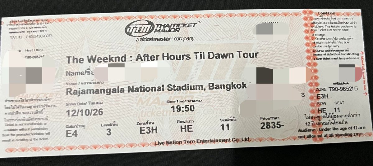 onpattrap's tweet photo. 📌 ปล่อยบัตรคอน The weekend 
รอบวันที่ 12 โซน E3H จำนวน 1 ที่นั่ง
ปล่อยราคา 2800 บาท พร้อมใบมอบอำนาจ
📍ส่งไปรษณีย์ 
#Theweeknd
#TheweekndliveinBKK
#TheweekndAfterHoursTilDawnTourBKK https://t.co/BuOdGBWbsg